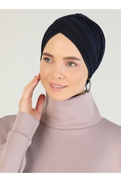 Naciye Sultan بونيه بحر متقاطع بثلاثة خطوط، حجاب جاهز، غطاء حجاب، أزرق داكن