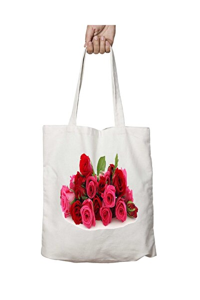 ART HEDİYE Pink Roses Printed - Washable Permanent Shoulder Tote BaG