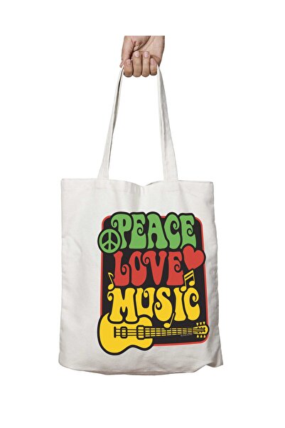 ART HEDİYE Peace love And Music - Washable Permanent Shoulder Tote Bag, Two S...