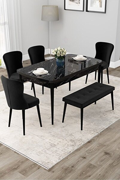 Canisa Due Serisi 80x132 Açılabilir Siyah Mermer Desen Mutfak Masası Takımı 4...