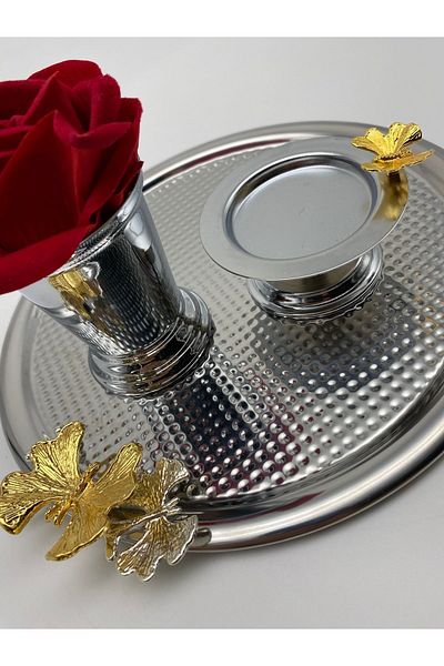 Fiyakalı Ürünler Atölyesi 6-Piece Butterfly Round Silver Presentation Groom Coffee Tray, Silver Rose Bucket, Silver Butterfly Macaron Holder