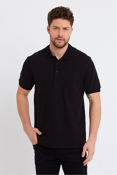 Manche Men's polo Neck T-shirt - Black, Comfortable Fit, 100% Cotton, Ribbed Sleeve