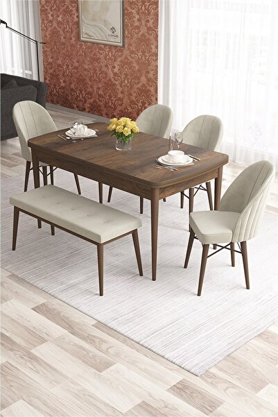 Canisa Elf Serisi 80x132 Barok Ahşap Desen Masa 4 Antrasit Sandalye 1 Bench G...
