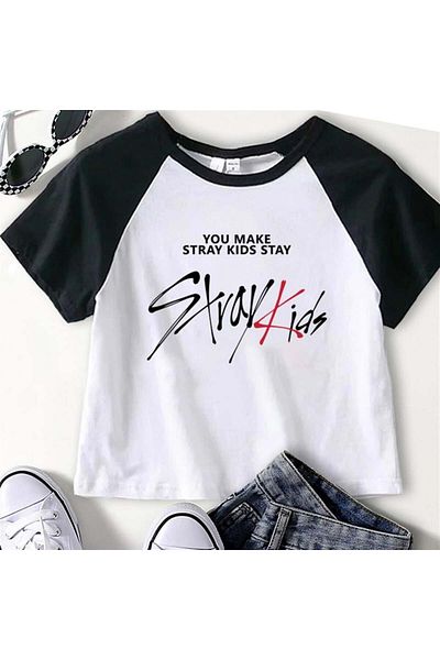 GOSSİP TEAM Stray Kids Printed White Crop - Gossip Team Raglan Sleeve