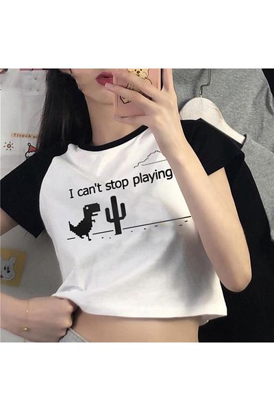 GOSSİP TEAM Gossip Team - Dinosaur Game Printed White Crop Raglan Sleeve
