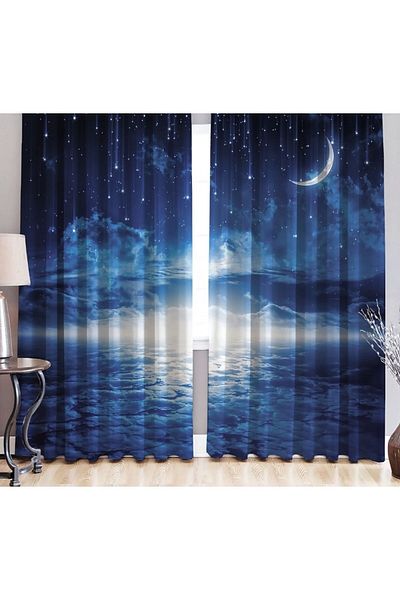 Elmas Dizayn Blue anD White 3D Digital PrinteD Sea Bear - 140cm*240cm, Double Wings, 2 BackgrounD Curtains
