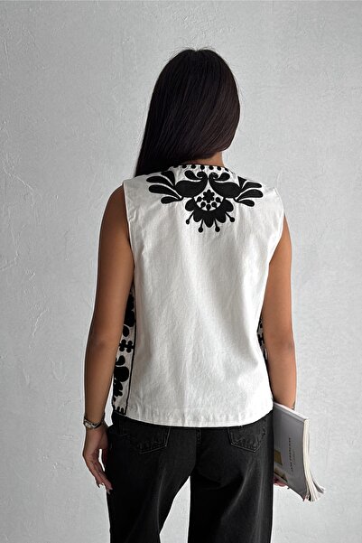 FEMELLE Λευκό Κεντητό - λινό Γυναικείο Γιλέκο, Ειδικού Σχεδίου