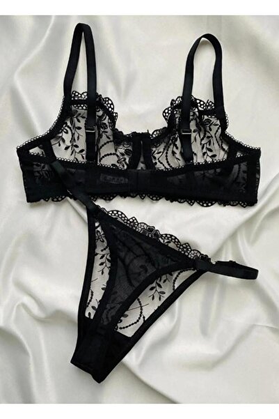 ARONA Floral Lace Black Bra Set