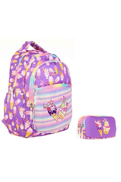 KAUKKO Rucsac de școală mov cu broderie cu sclipici și set de suport pentru stilou pentru fete