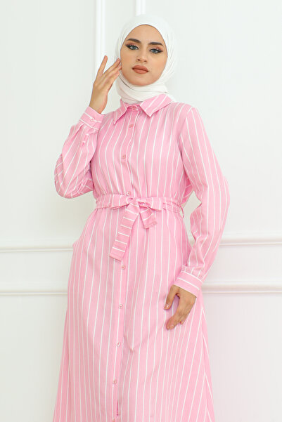 Eliva Ροζ Σατέν Λευκό Ριγέ - Μουσουλμανικό Φόρεμα με Ζώνη