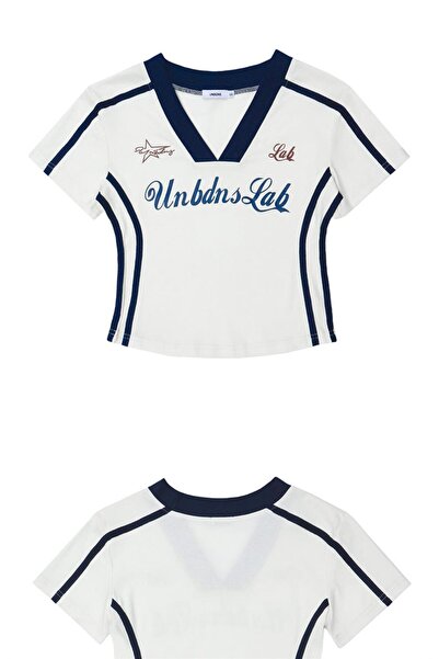 GOSSİP TEAM Gossip Team Y2K - Crop alb cu decolteu în V cu detaliu dungi