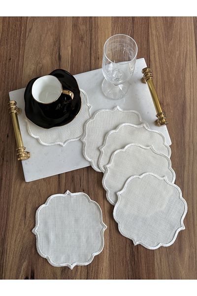 Nurhanhome 6 Pieces Premium Linen Fabric Edges Embroidery Coffee Side Cocktail Presentation Napkin