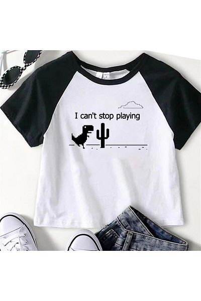 GOSSİP TEAM Gossip Team - Dinosaur Game Printed White Crop Raglan Sleeve