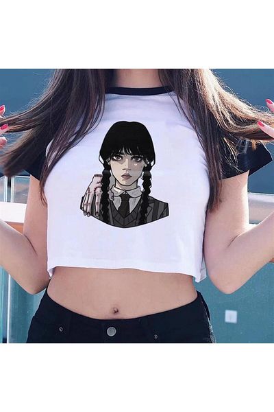 GOSSİP TEAM Gossip Team White Crop - Wednesday Printed Raglan Sleeve