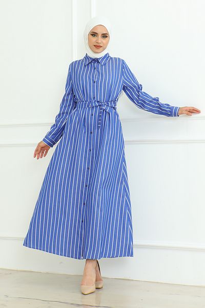 Eliva Saks Blue White Striped Satin Hijab Dress - with Sash Belt