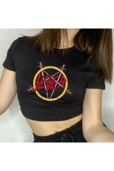 GOSSİP TEAM Gossip Team - Top crop negru cu imprimeu Slayer Rock Series