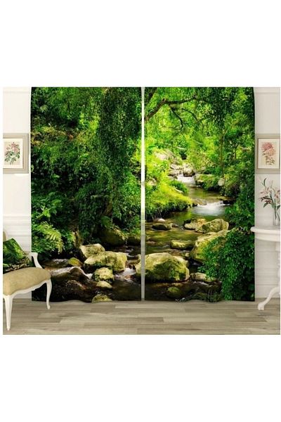 Elmas Dizayn Green Brown 3D Digital PrinteD LanDscape - 140cm*240m, Double BlaDes, 2 BackgrounD Curtains