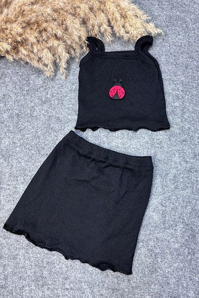ADABEBEK Black Crop Skirt and Top Set - with LadybUg Accessory, Rope strap
