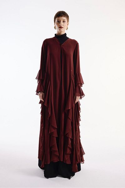 Nuum Design Burgundy Chiffon Abaya - Shawl with Flywheel Detail