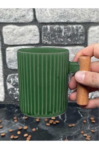 Tiesa Home KHaki Green Ceramic Mug - Wooden Handle, 225cc, 1 Piece