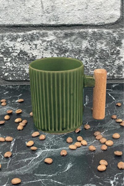 Tiesa Home KHaki Green Ceramic Mug - Wooden Handle, 225cc, 1 Piece