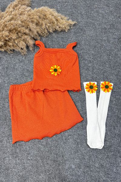 ADABEBEK Orange Sunflower patterned Baby Crop Combination - with Rope Strap