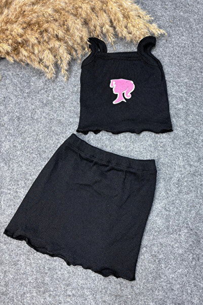 ADABEBEK Barbie Aksesuarlı Siyah İp Askılı Etek Crop Alt Üst Takım