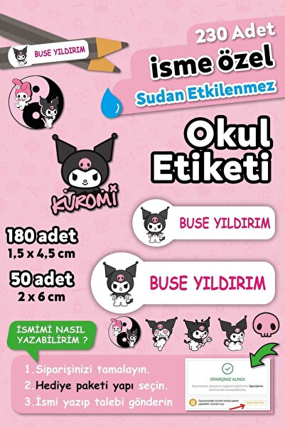 HediyeHanesi Kuromi Temalı Kişiye Özel İsimli Defter Kalem Okul Etiketi, Yırt...