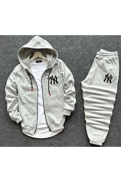 Zynp Butik ZYNP BUTIK Winter Black-Grey Color Jacket Ny Printed Hooded Unisex Tracksuit Set