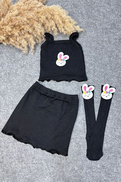 ADABEBEK Corded Rabbit Knee-length Skirt and Rope Hanging Socks Crop Set