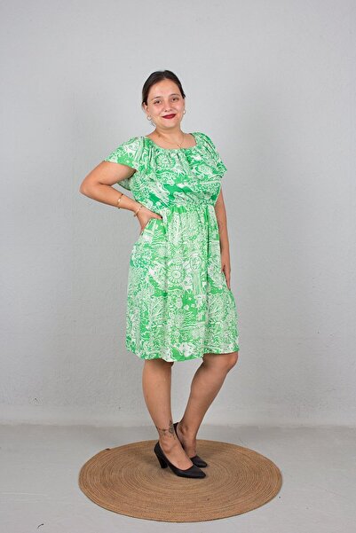 Truva XXL Green Large Size Madonna Collar Dress - Elastic Waist