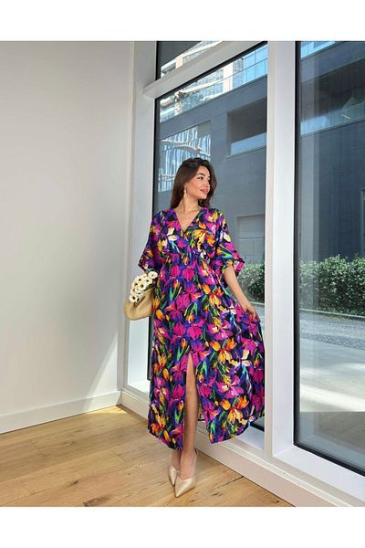 Afiş Butik Rochie lungă cu decolteu în V, colorată, cu imprimeu floral