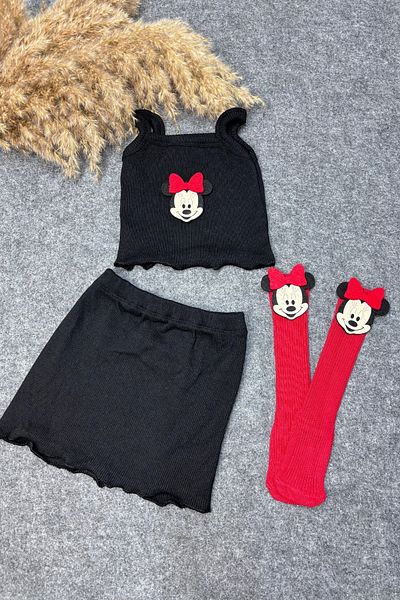 ADABEBEK Red micKey Detailed Crop SKirt and Top Set with SocKs - Rope strap
