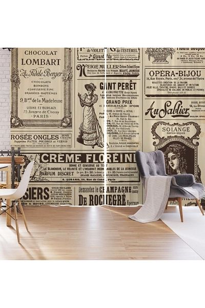 Elmas Dizayn SPECIAL PRODUCTION 3D DIGITAL PRINT CREAM BLACK WRITING RETRO 140 CM * 240 DOUBLE WING 2 PIECES PHONE CURTAIN