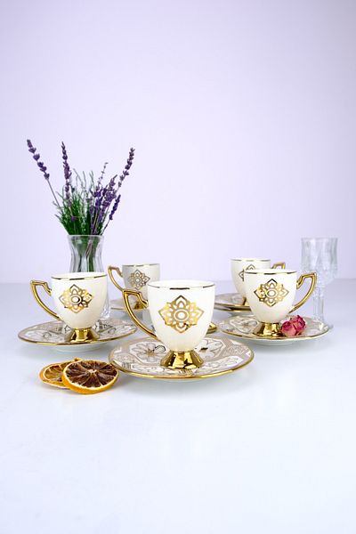 Digithome Milano 6-Piece Porcelain Cup Set - Gold Gilded Cream - Vogue-113 C320