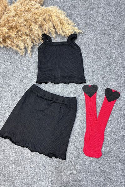 ADABEBEK BlacK Crop SKirt with Red SocKs and Rope Strap Set