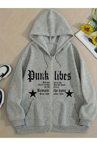 Touz Moda Gray Punk libes Printed Oversize Zippered Unisex Hooded Cardigan