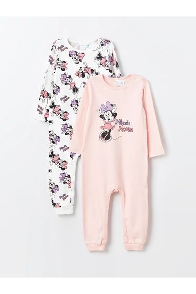 LC Waikiki LCW baby Bisiklet Yaka Uzun Kollu Minnie Mouse Baskılı Kız Bebek Tulum 2'li