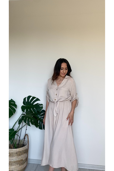 Butik BELİ LASTİKLİ DÜĞMELİ ELBİSE