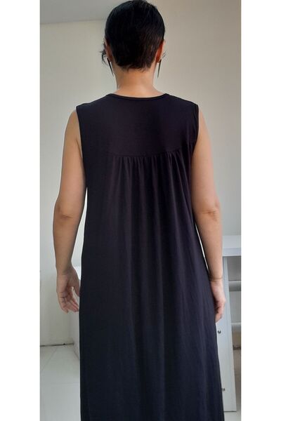 Mertcan Butik Rochie neagră din bumbac pieptănat din viscoză cu șnur decupat față și spate