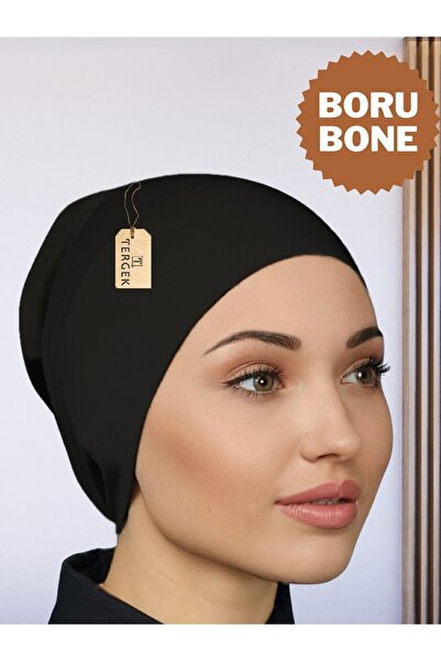 Tergek Boru Bone Siyah Önü Dikişsiz Uzun Bandana Pratik Hazır Likralı Penye T...