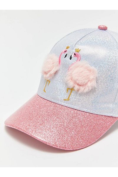 LC Waikiki Flamingo Patterned Girl's Cap Hat - Pink, Feather Detail and Adjustable Velcro