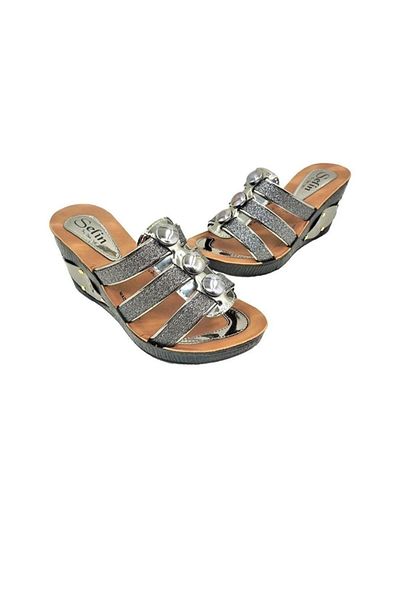 BRGL Women's Anatomical Sole Platform Wedge Heel Platinum Fancy Buttoned Slippers