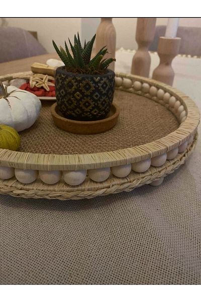 FN Wooden Beaded Natural Raffia Wicker Decorative Tray 29,5cm