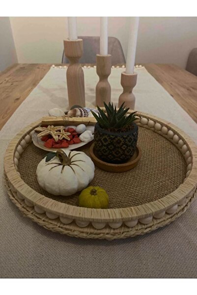 FN Wooden Beaded Natural Raffia Wicker Decorative Tray 27.5 Cm