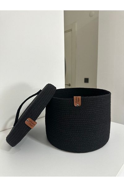Sevdam Sepet Black Large Size Multi-Purpose Basket with Lid, Cotton Basket, Decorative Basket, Wicker Basket, Rope Basket