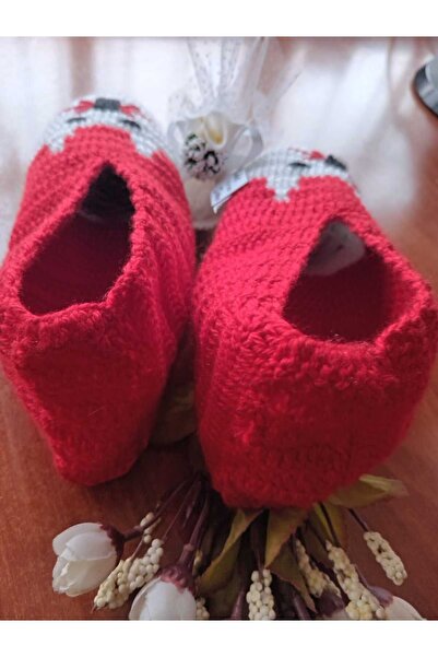 TülaysHandCraft Red Cat Hand Knitted Booties
