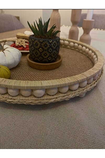 FN Wooden Beaded Natural Raffia Wicker Decorative Tray 27.5 Cm