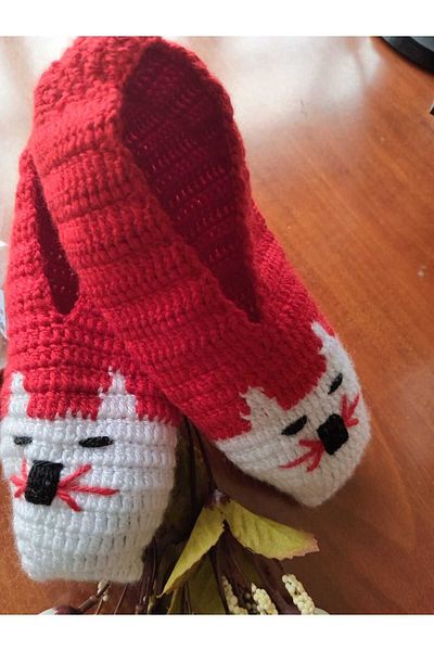 TülaysHandCraft Red Cat Hand Knitted Booties