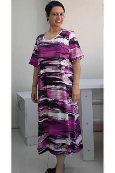 Mertcan Butik Φούξια και μαύρο μοτίβο κοντομάνικο φόρεμα βισκόζης